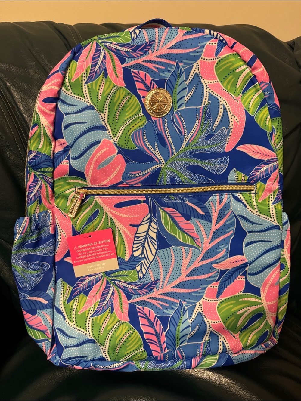 Tropical Leaf Print Backpack in Blue and Pink